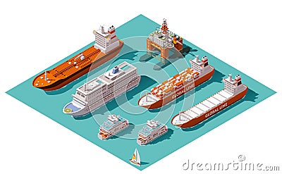 Vector isometric ships and oil rig Vector Illustration