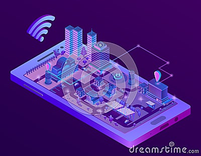 Vector isometric smart city on smartphone screen Vector Illustration