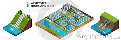 Vector isometric storage tanks in sewage water treatment plant. Vector Illustration