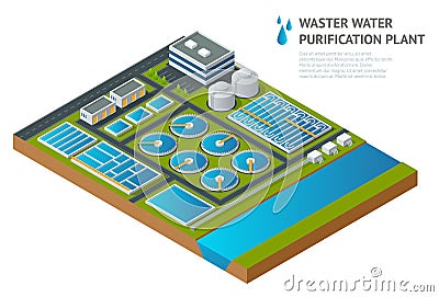 Vector isometric storage tanks in sewage water treatment plant. Vector Illustration