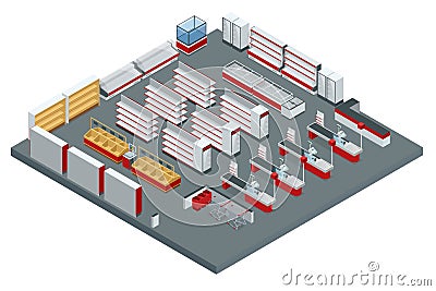 Vector isometric supermarket interior plan. Image includes store cross-section, furniture and equipment Vector Illustration