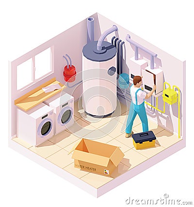 Vector isometric technician on water heater or boiler installation Vector Illustration