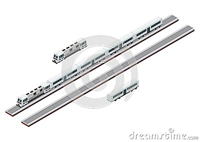 Vector Isometric train tracks and passenger train Vector Illustration