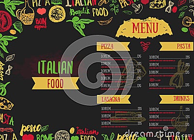 Vector Italian Menu Vector Template, with Various Groceries: Pasta, Vegetables, pizza and Mushrooms and hand drawn Vector Illustration