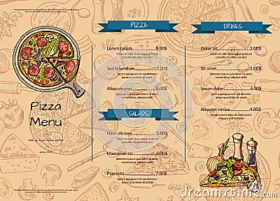 Vector italian pizza restaurant menu template with hand drawn colored elements Vector Illustration