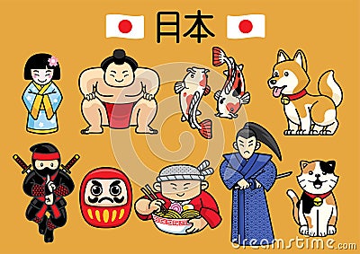 Japan character culture in set Vector Illustration