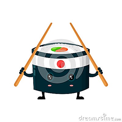 Vector japan ninja sushi with chinese sticks flat design cartoon character illustration. Sushi roll Isolated on white Vector Illustration