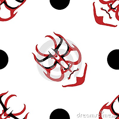 Vector Japanese drama Kabuki face seamless pattern background. Red and black theatre mask and circles on white backdrop Vector Illustration