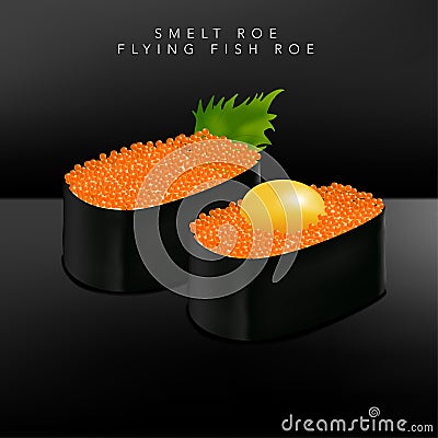 Vector Japanese Fine Dining or Sushi Bar Restaurant Realistic Smelt or Flying Fish Roe Sushi Vector Illustration