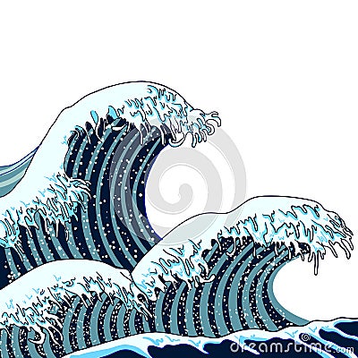 Vector Japanese Waves Illustration, Traditional Asian Art, Painting, Hand Drawn Sea. Vector Illustration