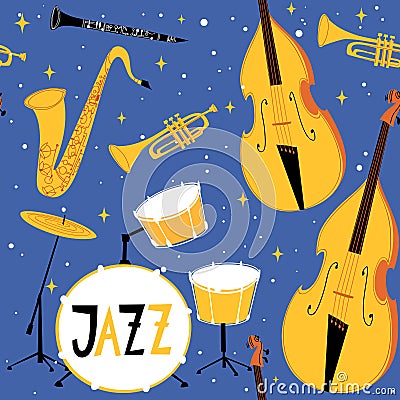 Vector jazz seamless pattern in flat vintage style Vector Illustration