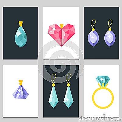 Vector jewelry items gold cards elegance gemstones precious accessories fashion illustration Vector Illustration