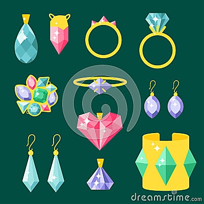 Vector jewelry items gold elegance gemstones precious accessories fashion illustration Vector Illustration