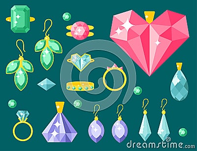 Vector jewelry items gold elegance gemstones precious accessories fashion illustration Vector Illustration