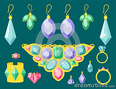 Vector jewelry items gold elegance gemstones precious accessories fashion illustration Vector Illustration