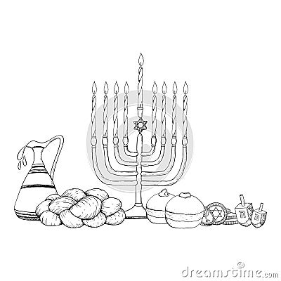 Vector Jewish Hanukkah symbols black and white graphic illustration with menorah, candles, donuts, jug of olive oil Vector Illustration