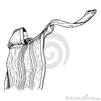 Vector Jewish man in tallit blowing shofar on Yom Kippur and Rosh Hashanah holidays black and white graphic illustration Vector Illustration