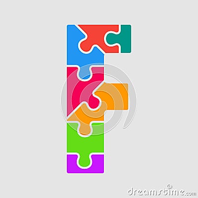 Vector jigsaw font colour puzzle piece letter - F. Vector Illustration