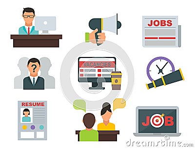 Vector job search icon set computer office concept human recruitment employment work meeting manager Vector Illustration