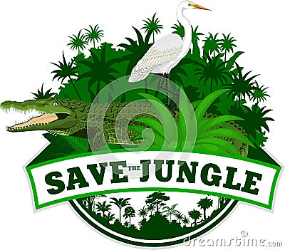 Vector Jungle Emblem with crocodile and heron Vector Illustration