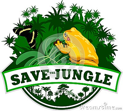 Vector Jungle Emblem with frog and butterfly Vector Illustration