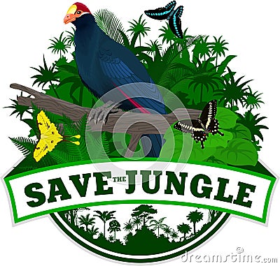 Vector Jungle Emblem with male Ross`s turaco and butterflies Vector Illustration