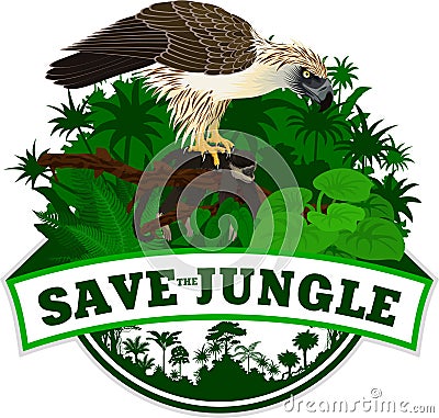 Vector Jungle Emblem with philippine Eagle - Pithecophaga jefferyil with monkey Vector Illustration