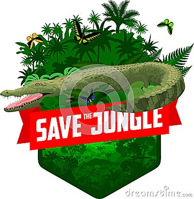 Vector jungle rainforest emblem with Australian saltwater crocodile Vector Illustration