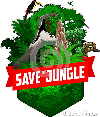 Vector jungle rainforest emblem with Giant Anteater, aracari toucanet, anaconda and puma Vector Illustration