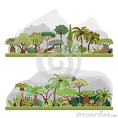 Vector jungle trees collection, tropical jungle flat illustration with palms, rainforest, tropical jungle elements. All Vector Illustration