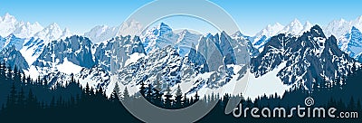 Vector karakoram himalayan mountains with forest panorama Vector Illustration