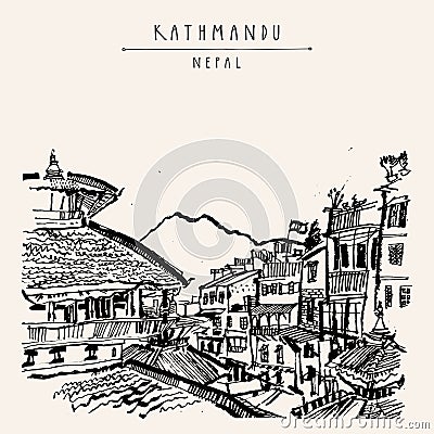 Vector Kathmandu, Nepal, Asia postcard. Ancient Hindu temple and market near Hanuman Dhoka Durbar Square in Kathmandu. Historical Vector Illustration