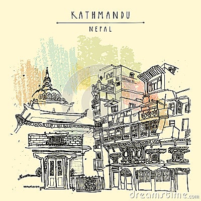 Vector Kathmandu, Nepal, Asia postcard. A backyard in old town with a beautiful ancient shrine. Travel sketch. Artistic drawing of Vector Illustration