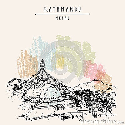 Vector Kathmandu, Nepal, Asia postcard. Gorgeous prominent venerable ancient Boudhanath Boudha temple. Travel sketch artistic Cartoon Illustration