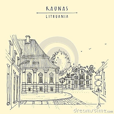 Vector Kaunas, Lithuania, Europe touristic postcard. Old town beautiful heritage buildings, street. Lithuanian travel sketch, line Stock Photo