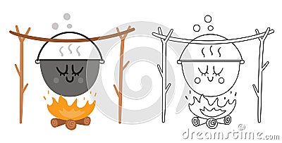 Vector kawaii boiler hanging on tree twigs above the fire colored and black and white illustration. Campfire pot isolated on white Vector Illustration