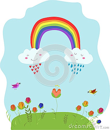 Vector kawaii cartoon cute funny card, illustration with rainbow, sniling clouds, flowers and birds Vector Illustration