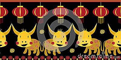 Vector Kawaii Chinese new year of the ox border background. Cute zodiac bull, lanterns, cut out peonies black,red bold Vector Illustration