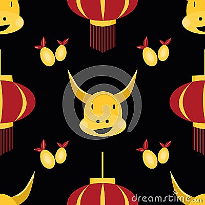 Vector Kawaii Chinese new year of the ox seamless pattern background. Cute gold zodiac bull, red lanterns, pomelo fruit Vector Illustration