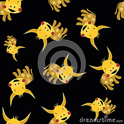 Vector Kawaii Chinese new year of the ox seamless pattern background. Scattered cute gold zodiac bull on black backdrop Vector Illustration