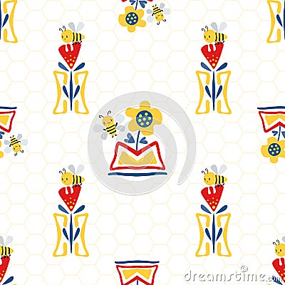 Vector Kawaii honey bee with sunflower, tulips in aztec motif flower pots on honeycomb background. Seamless pattern Vector Illustration