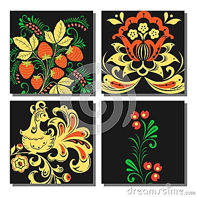 Vector khokhloma pattern cards design traditional Russia drawn illustration ethnic ornament painting illustration Vector Illustration