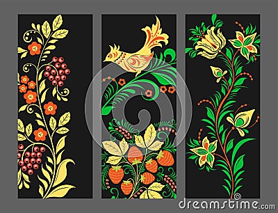 Vector khokhloma pattern cards design traditional Russia drawn illustration ethnic ornament painting illustration Vector Illustration