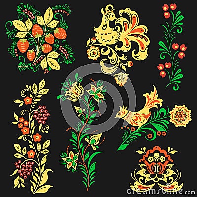 Vector khokhloma pattern design traditional Russia drawn ethnic flower ornamen illustration Vector Illustration