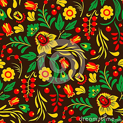 Vector Khokhloma, Russian painted and lacquered wooden bowls, spoons seamless pattern design traditional hand drawn Vector Illustration