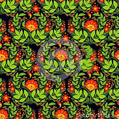 Vector khokhloma seamless pattern background design traditional Russia drawn illustration ethnic ornament painting Vector Illustration