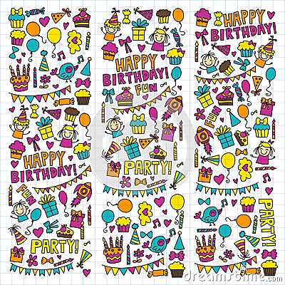 Vector kids party Children birthday icons in doodle style Illustration with children, candy, balloon, boys, girls Vector Illustration