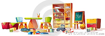 Vector kindergarten toys set, games for playground room Vector Illustration