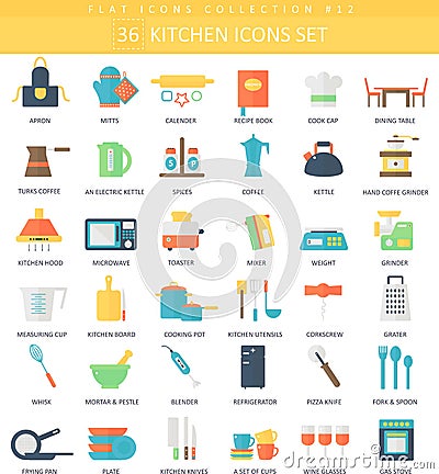 Vector kitchen color flat icon set. Elegant style design. Vector Illustration