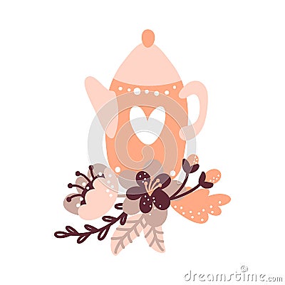 Vector kitchen teapot illustration with floral bouquet for food blog. Hand drawn cute tea design element. For restaurant Vector Illustration
